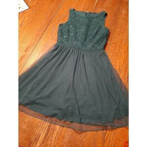 Size 1 Sleeveless Teal Sequin Layered Tulle Skirt Mini Dress Formal Semi Formal
